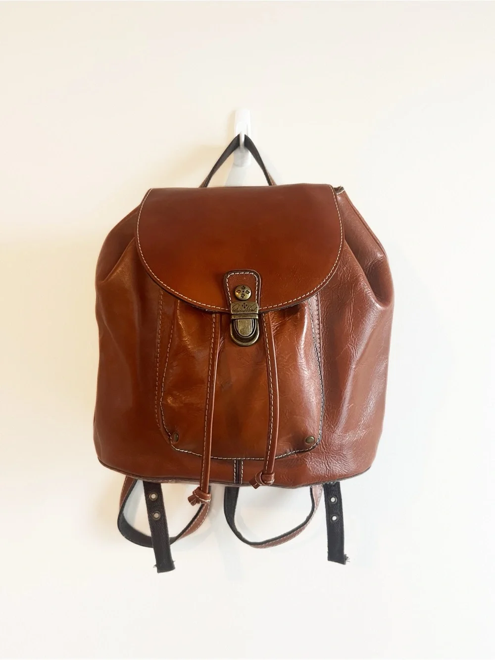 Patricia Nash Casape Cognac Brown Leather Drawstring Backpack